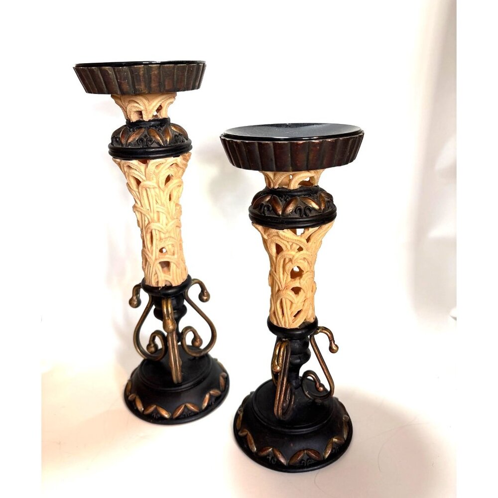 Vintage Ornate Resin & Metal Candle Holders Pair Black & Beige 12”&10" Tall Pair